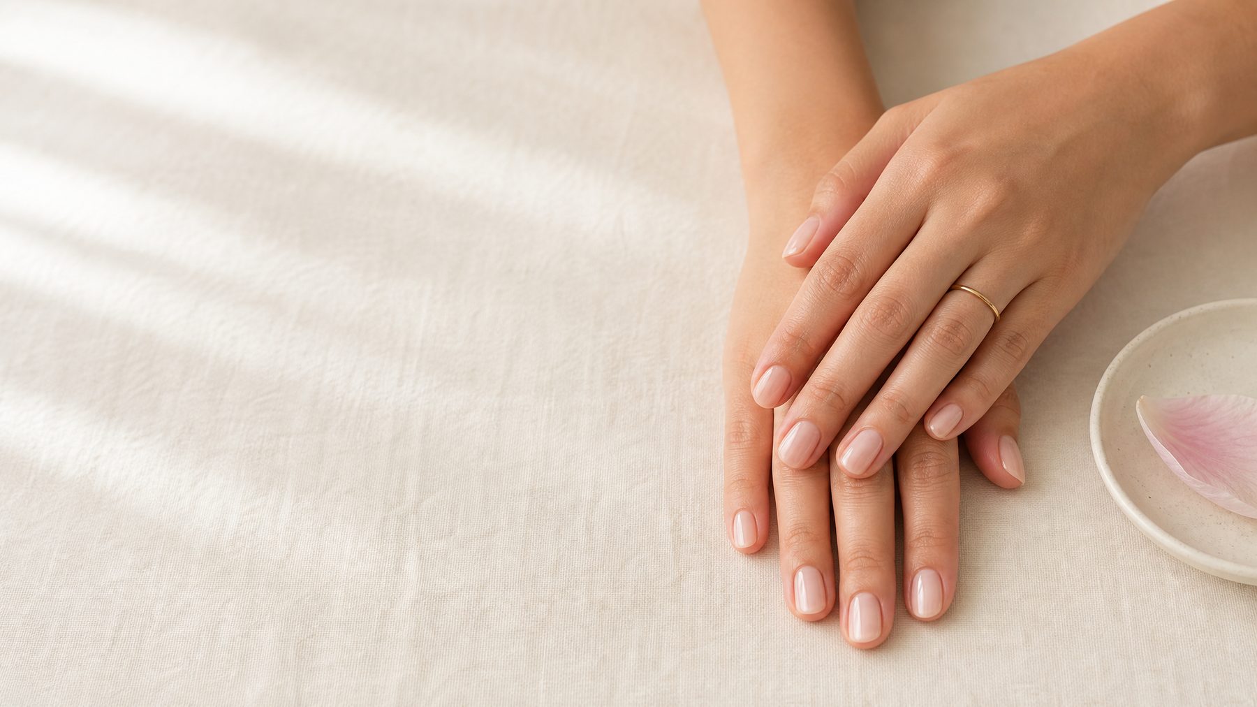 Sheer pink gel manicure on almond nails resting on linen