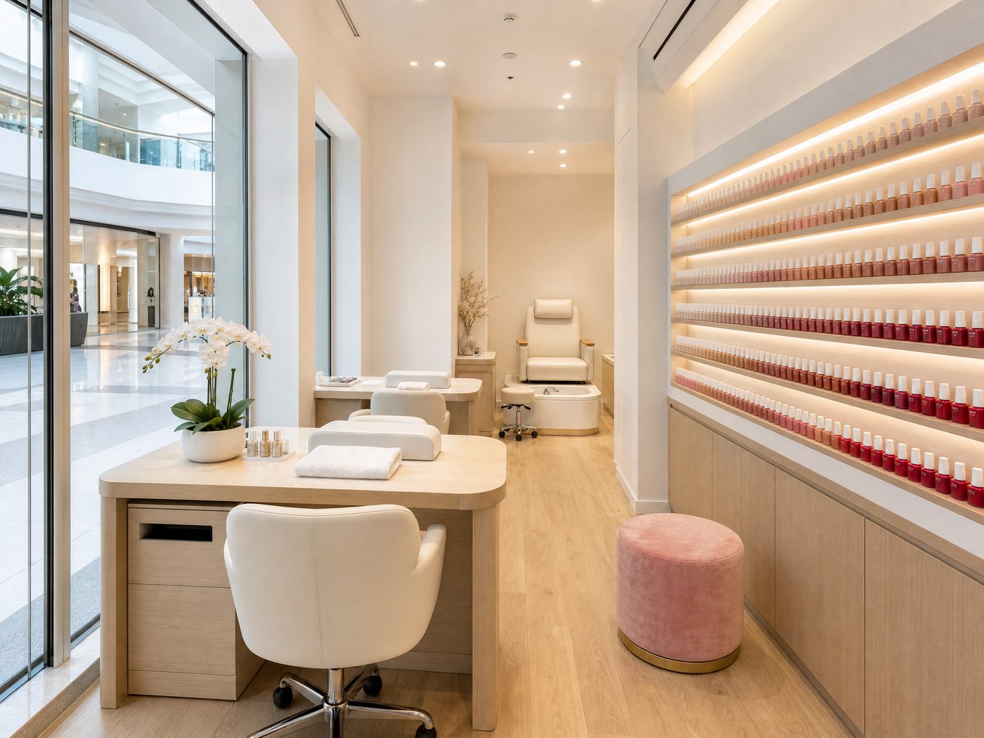 Bright minimalist nail salon interior with a wall of polish