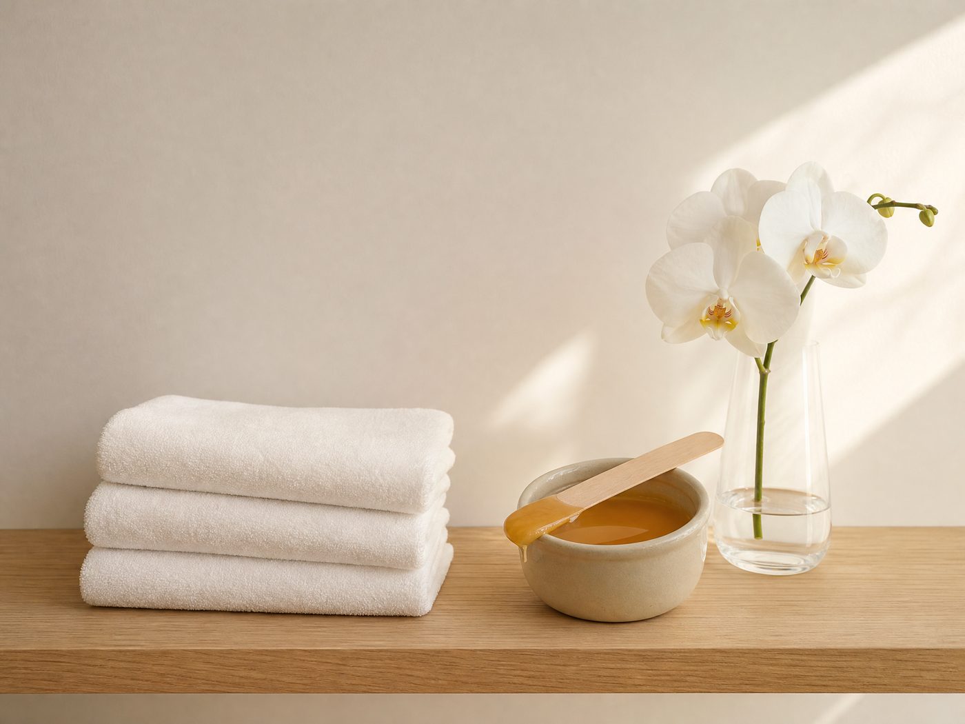 Folded towels, a pot of warm wax and an orchid on an oak shelf