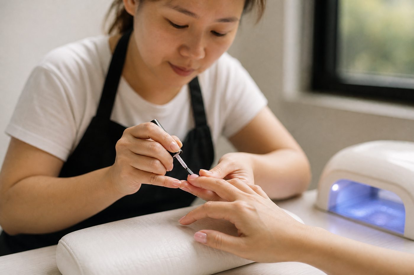 A VyNa technician applying gel colour at the manicure table